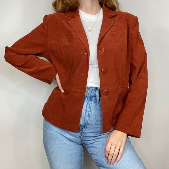 Vintage Y2K/90s Size Petite Large Pumpkin Spice Faux Suede Blazer Style Jacket - Picture 3 of 12
